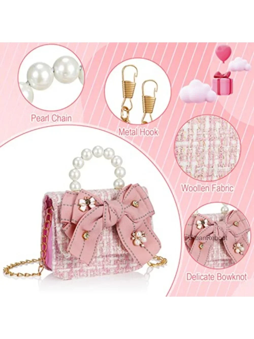 Tweed Mini Crossbody Bag Set Pearl Handle Bowknot Purse